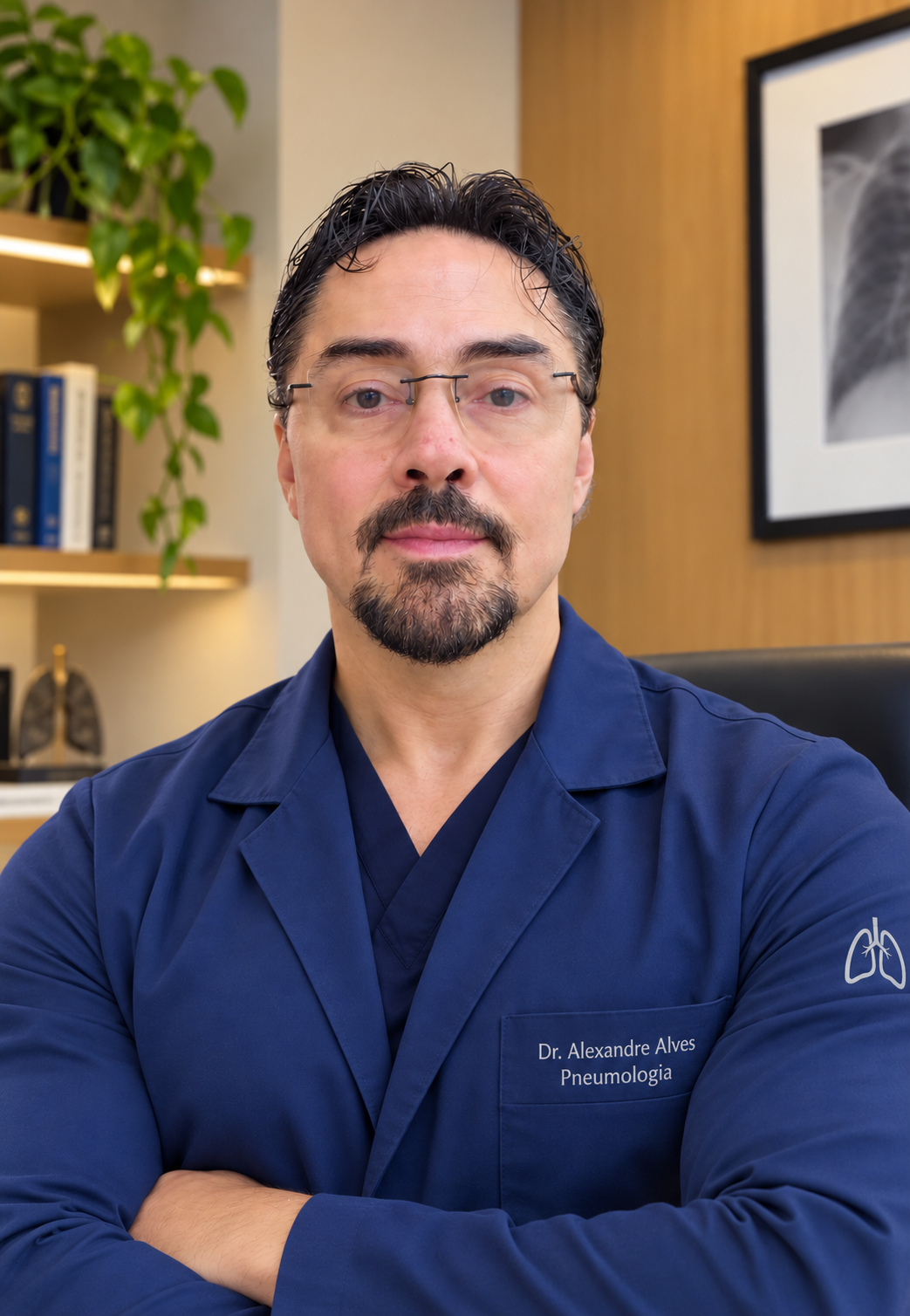 Dr. Alexandre de Carvalho Alves no consultório, usando jaleco azul.